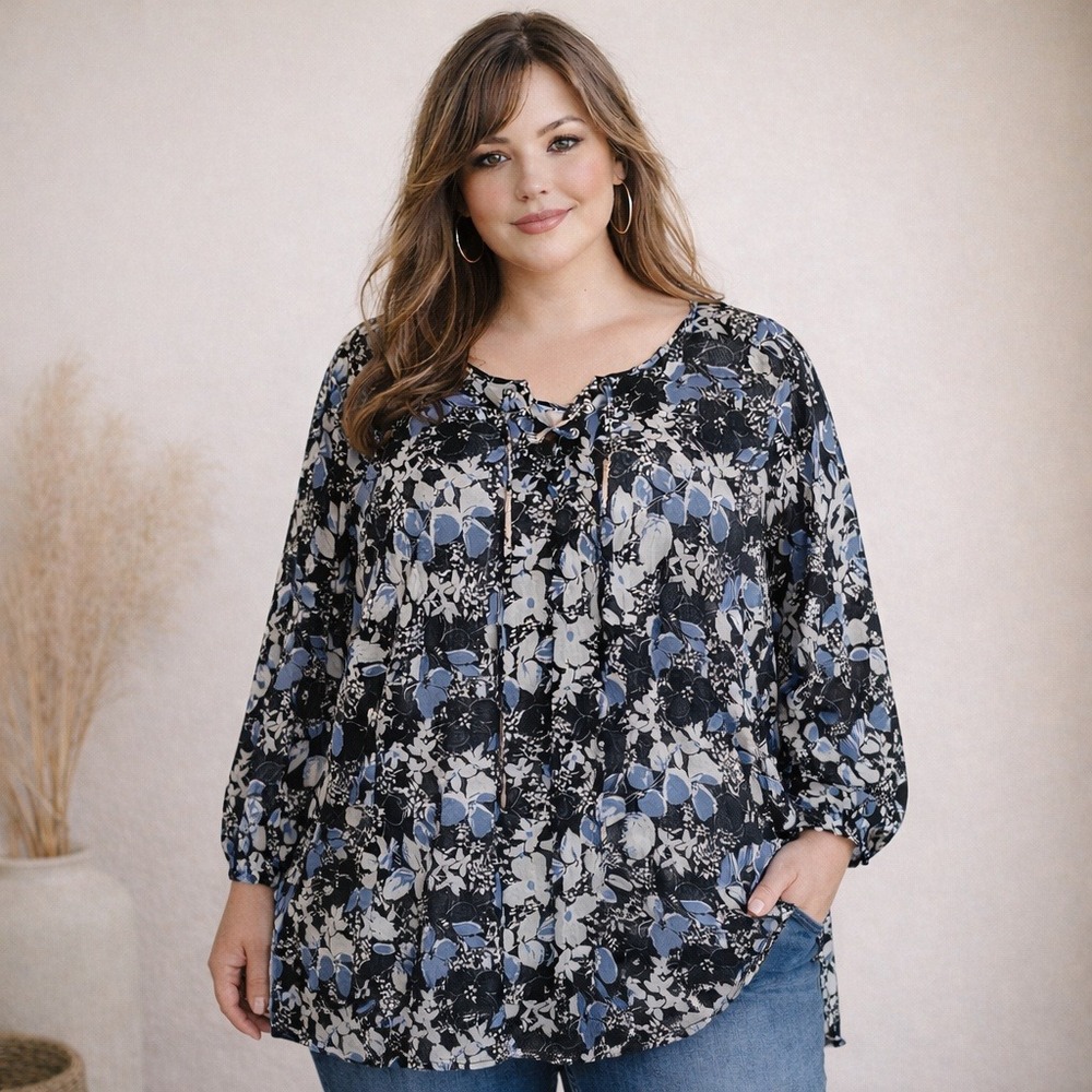 Lane Bryant Womens Floral Lace Up Blouse Plus 3X Blue Black Cotton Gauzy Boho